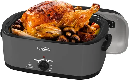 Miniatura 27 de Sunvivi Horno asador eléctrico con tapa visible, horno asador de pavo de 24 cuartos de galón con sartén y estante extraíbles, acero inoxidable