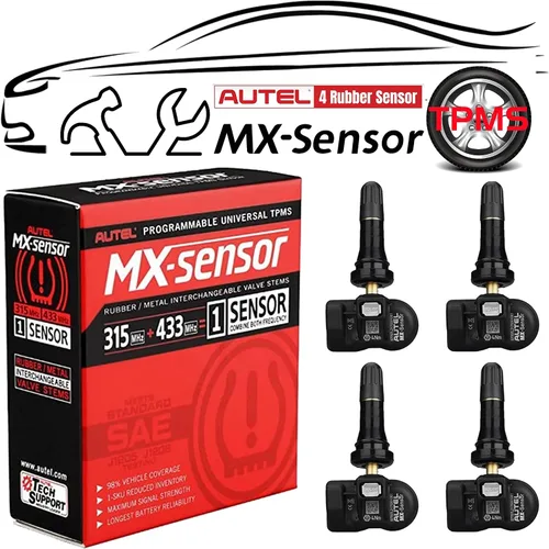 Autel MaxiTPMS MX Sensor Paquete de 4 piezas Vástago de Goma 315/433MHz TPMS Sensor Universal de Neumáticos Programado por Herramienta TPMS TS401