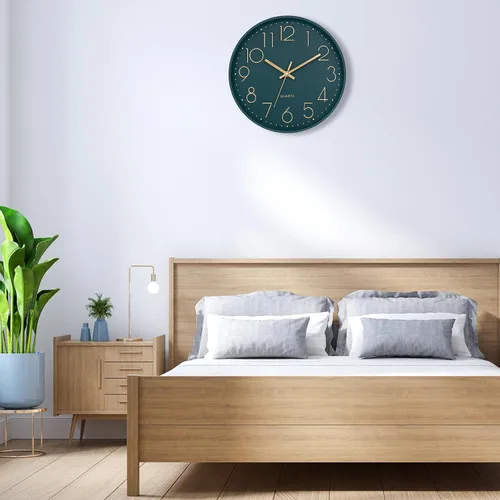 Miniatura 5 de Reloj de pared Lumuasky, moderno, analógico, silencioso, sin tictac, decorativo, de esmeralda, funciona con pilas, para escuela, oficina, aula, Verde