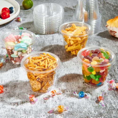 Miniatura 6 de Vplus Paquete de 200 vasos de plástico PET de 9 onzas con tapas planas, vasos de plástico desechables de cristal para parfait, frutas, postres