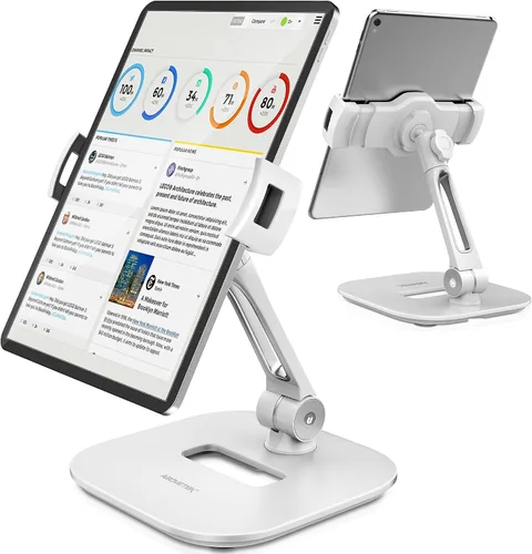AboveTEK Soporte para tableta, elegante soporte de aluminio para iPad, plegable giratorio de 360° para iPad iPhone, soporte de mesa para Blanco