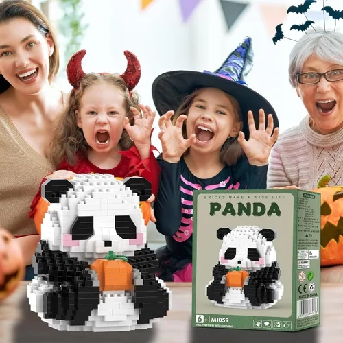 Miniatura 6 de Mini bloques de construcción de Halloween, panda sentado con calabaza, micro bloques de juguete para niños de 6, 7, 8, 9+, juegos de construcción