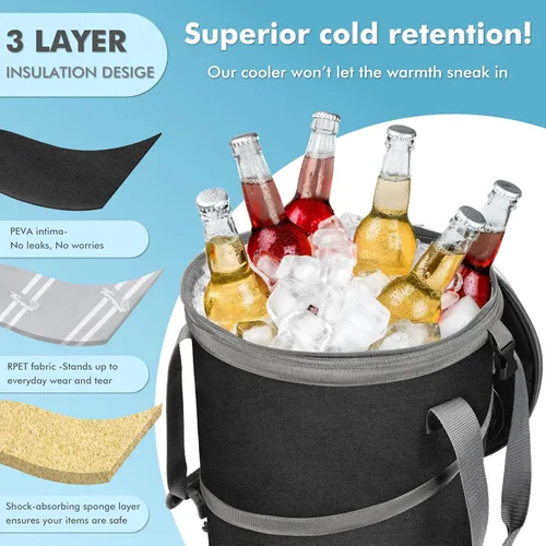 Miniatura 4 de Tirrinia Hielera grande emergente, hielera plegable aislada con mesa plana para bebidas, enfriador redondo ligero y portátil para viajes, pesca