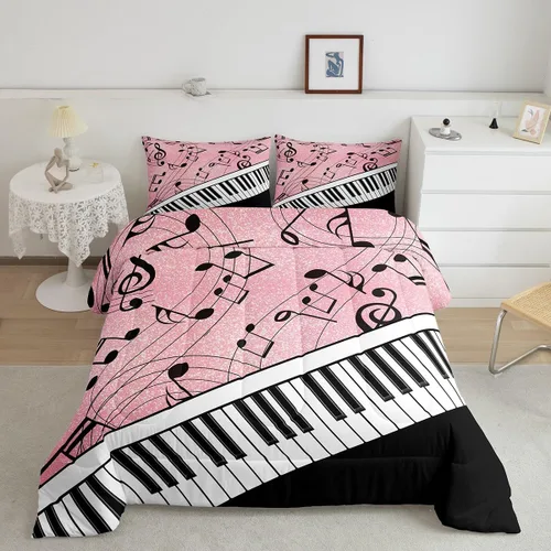 Miniatura 2 de Manfei Juego de edredón musical para niños, tamaño individual, juego de edredón con estampado de notas musicales negras con 1 funda de almohada