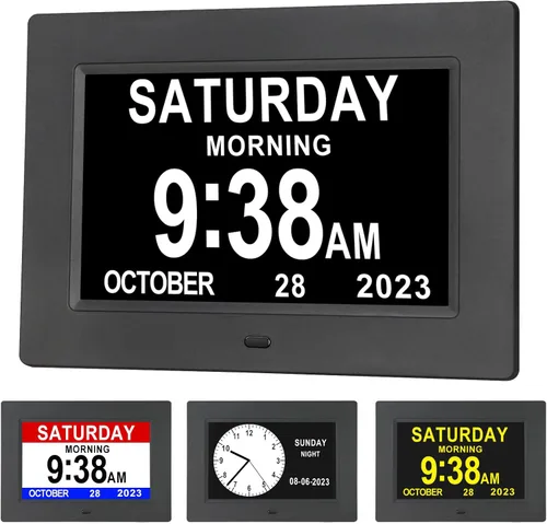 Aowasi Reloj digital con calendario, 12 opciones de alarma personalizadas, reloj con calendario con pantalla de día y fecha, pantalla grande de 7