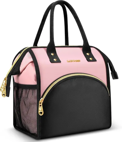 Miniatura 15 de Bolsa de almuerzo aislada para mujer, bolsa de almuerzo de apertura amplia, soporte grande para bebidas, organizador térmico de nailon duradero
