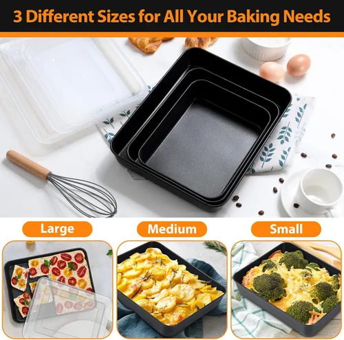 Miniatura 6 de E-far Juego de 3 moldes para hornear con tapas, antiadherentes para horno, lasaña y brownie, 12.5/10.5/9.4 pulgadas, juego de utensilios
