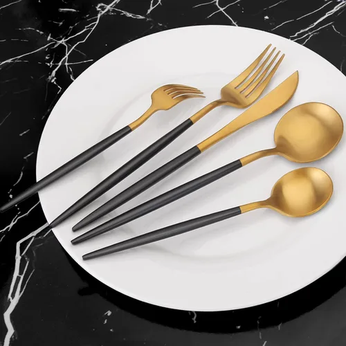 Miniatura 6 de Vanys - Juego de cubiertos dorados mate con mango negro, juego de cubiertos de acero inoxidable de 20 piezas, juego de utensilios de cocina para 4
