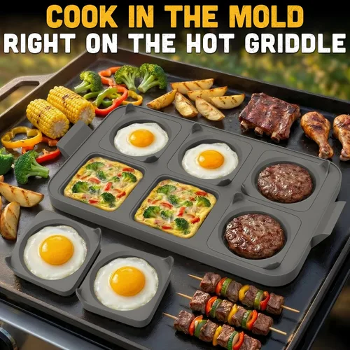 Miniatura 7 de Anillos de silicona para huevos para plancha y parrilla superior plana, bandeja de molde de barbacoa de 16.5 x 9 pulgadas con 6 formas redondas