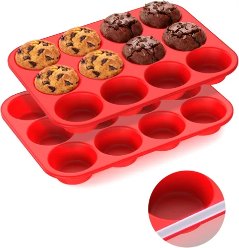 Miniatura 9 de Molde de silicona para muffins para hornear: Molde para muffins de 12 cavidades con marco reforzado de metal, moldes de tamaño regular para cupcakes