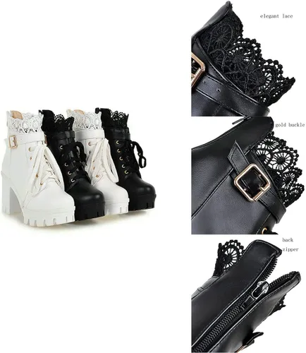Miniatura 7 de BEAUPAS Botas de tacón alto con plataforma gruesa para mujer, botines góticos con cordones, tacón de bloque y hebilla, Blanco