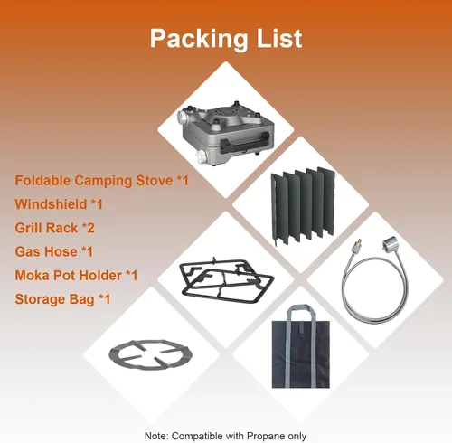 Miniatura 7 de Estufa de campamento plegable de 2 quemadores de 27000 BTUs con parabrisas, estufa de campamento portátil con quemadores ajustables y bolsa