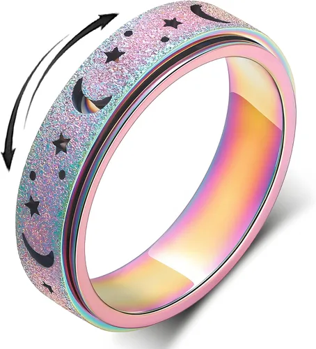 Anillo de ansiedad para mujer, anillos giratorios: anillos giratorios de acero inoxidable de 0.236 pulgadas (0.236 in) con luna y estrella para la
