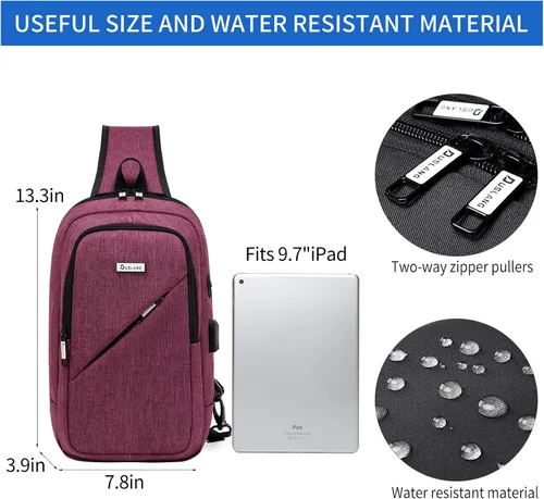 Miniatura 27 de DUSLANG Mochila de hombro para senderismo, bolsa cruzada para hombres, bolsas de pecho con puerto de cargador USB para campamento casual, ciclismo