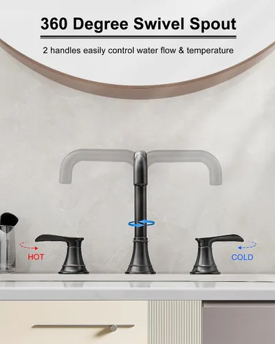 Miniatura 3 de Grifo de baño de bronce aceitado de 8 pulgadas, 3 agujeros, giratorios de 360 grados con drenaje emergente, 2 asas para instalación moderna