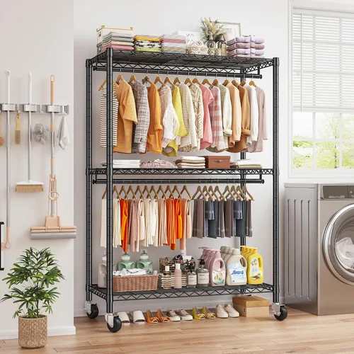 Miniatura 6 de Raybee Perchero de ropa de 45 pulgadas de ancho para colgar ropa, perchero con ruedas y pies ajustables, carga máxima de 440 libras, color negro