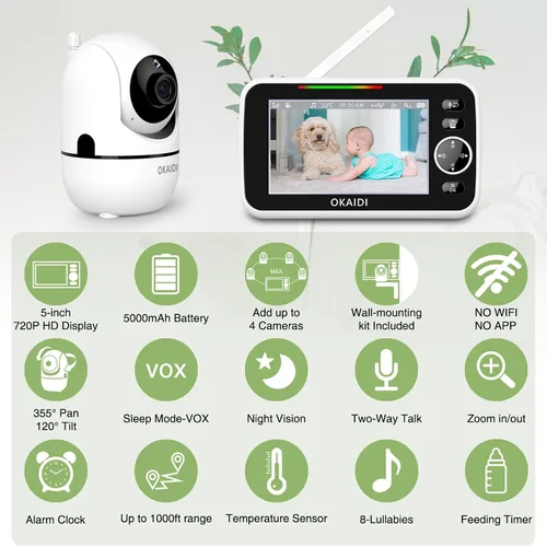 Miniatura 2 de OKAIDI Monitor de bebé HD de 5 pulgadas con cámara y audio, pantalla de 720P, batería de 5000 mAh, panorámica e inclinación remota, zoom 3X, visión