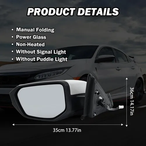 Miniatura 8 de Espejo lateral del conductor compatible con Honda Civic Coupe Sedan Hatchback 2016, 2017, 2018, 2019, 2020, 2021, espejo con cristal eléctrico, sin