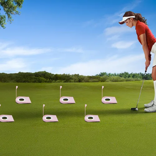 Miniatura 5 de Paquete de 9 tazas de golf con banderas, ayudas de entrenamiento de golf de plástico con recuperador de pelotas de golf, juego de agujeros de Rosado