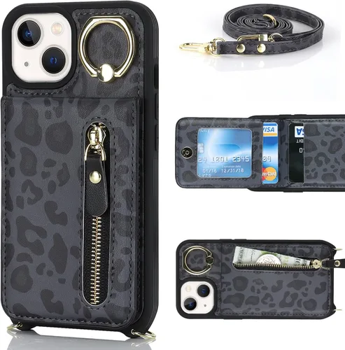 Miniatura 2 de Funda para iPhone 13 mini con tarjetero y correa para mujer, bolsa cruzada con soporte de anillo con cremallera para Apple 13mini, leopardo negro