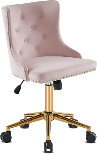 Miniatura 8 de VINGLI Silla de escritorio de terciopelo rosa claro sin brazos para oficina en casa con base dorada/ruedas, bonita silla de tocador y maquillaje