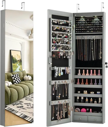 Miniatura 72 de Giantex Armario de joyería para puerta de pared con espejo de longitud completa, 2 LED con cerradura grande organizador de joyas con espejo ancho