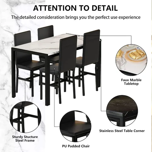 Miniatura 5 de Hooseng Juego de mesa de comedor de 5 piezas para 4 personas con parte superior de mármol sintético y sillas de terciopelo, juego de mesa de cocina