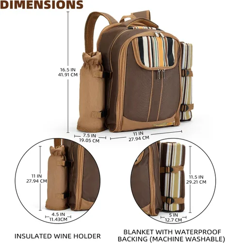 Miniatura 4 de apollo walker Mochila de picnic para 2 personas con compartimento refrigerador, soporte desmontable para botellas/vino, manta de forro polar, platos