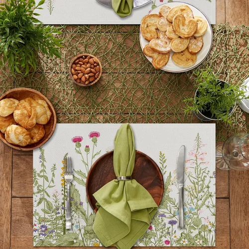 Miniatura 6 de Juego de 6 manteles individuales vintage con flores silvestres de 12 x 18 pulgadas, manteles individuales de tela de lino con plantas de jardín