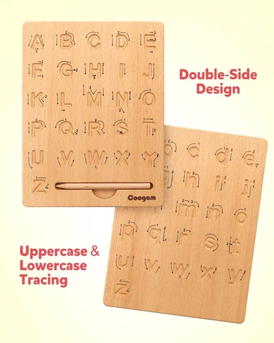 Miniatura 2 de Coogam Tabla de práctica de letras de madera, herramienta de rastreo del alfabeto de doble cara, herramienta de aprendizaje de escritura ABC, juego