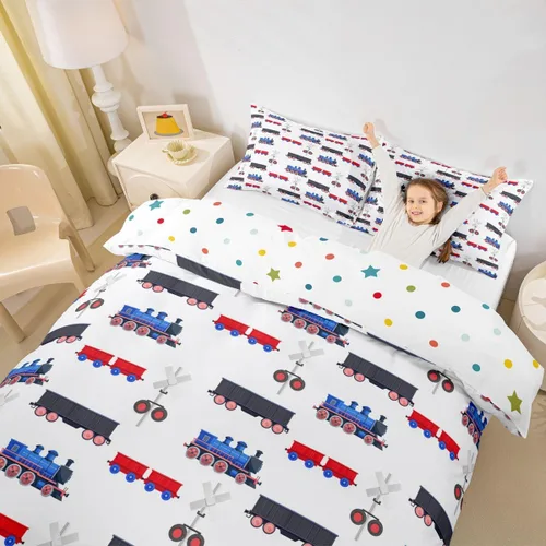 Miniatura 3 de Erosebridal Juego de funda de edredón de tren de dibujos animados para niños, color rojo y azul, funda de edredón de vehículos para niños