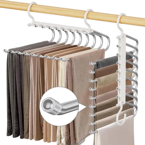 Miniatura 9 de Perchas para pantalones de 9 niveles que ahorran espacio, paquete de 2 organizadores multifuncionales de acero inoxidable para armario para Blanco