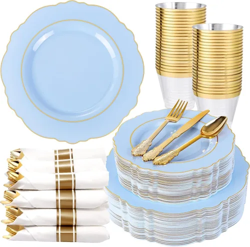 Miniatura 14 de Liacere 175 piezas Platos de Plástico Dorados - Blancos y Dorados Desechables, 50 PIEZAS Platos de Plástico para Cena, Perfectos para Bodas