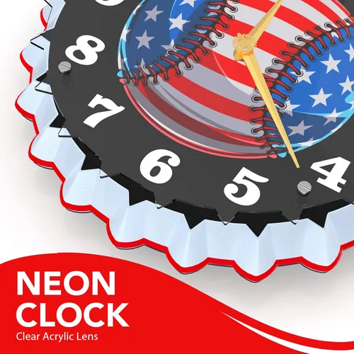 Miniatura 2 de Reloj de pared de béisbol, reloj de pared de neón de 12 pulgadas, bandera estadounidense y gráficos de béisbol, impresionante efecto de brillo 3D