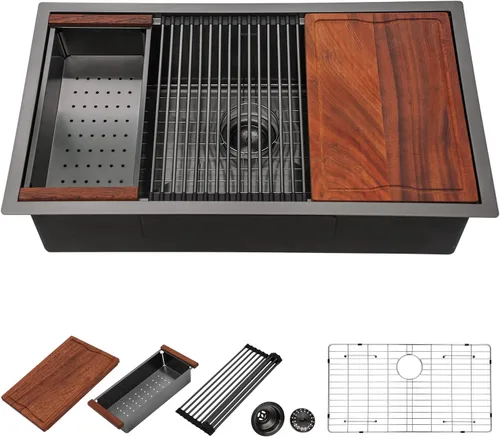 Miniatura 8 de Dcolora 27" Fregadero de cocina negro de gunmetal con estación de trabajo de acero inoxidable de calibre 16 para instalación empotrada - tazón Negro