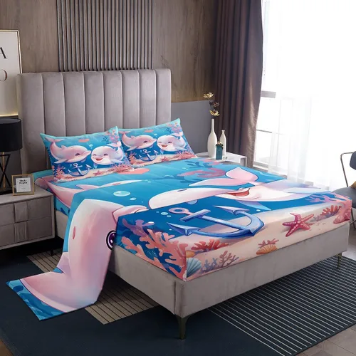Miniatura 31 de Erosebridal Juego de sábanas de ballena náutica, tamaño individual, juego de ropa de cama vintage azul con ondas oceánicas para niños y niñas