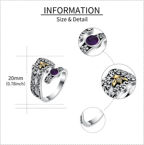 Miniatura 5 de Anillo de cuchara de plata de ley, anillos gruesos de abeja de oro para mujer, anillo de turquesa ajustable