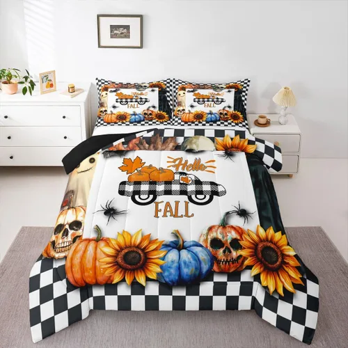 Miniatura 20 de Juego de edredón de calabaza para niños, con estampado de calabaza, estilo Halloween, juego de ropa de cama para niños, juego de ropa de cama