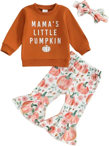 Miniatura 67 de Conjunto de sudadera con cuello redondo y estampado de pastel de calabaza para niña, camiseta y pantalones acampanados