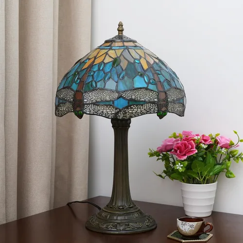 Miniatura 5 de Lámpara Tiffany Estilo Libélula Verde Lámparas de Vidrio Emplomado Verde Azulado Lámpara de Mesa de Dormitorio Mesita de Noche para Dormitorio