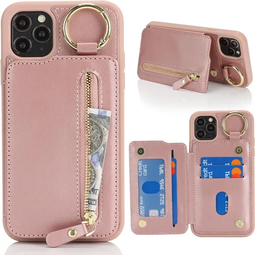 Miniatura 20 de Havaya Funda para iPhone 11 Pro Max con tarjetero y llavero, soporte de cuero, a prueba de golpes, con ranuras para tarjetas de crédito, cremallera