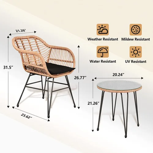 Miniatura 2 de Juego de muebles de mimbre para exteriores, 3 piezas, juego de sillas de mimbre de ratán PE con cojines
