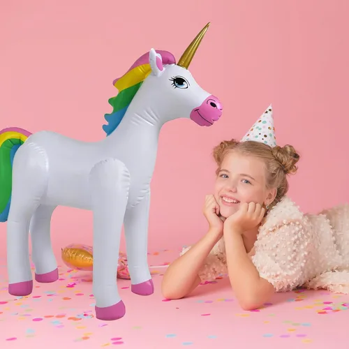 Miniatura 2 de Jet Creations Unicornio arcoíris inflable de pie, ideal para piscina, decoración de fiestas, cumpleaños, 40 pulgadas de largo x 30 pulgadas de alto