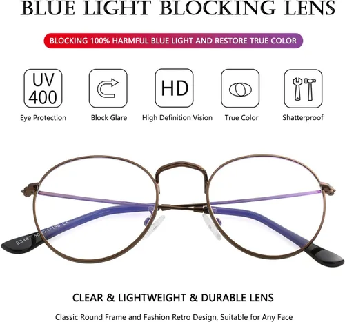 Miniatura 3 de AIEYEZO Gafas redondas para mujeres y hombres, lentes de bloqueo de luz azul, lentes circulares con marco de alambre de metal