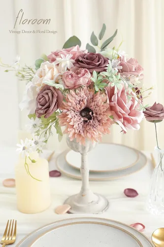 Miniatura 2 de Floroom - Flores artificiales de aspecto real en color rosa polvoriento y malva, rosas falsas, peonías y vegetación en conjunto para ramos de boda