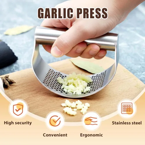 Miniatura 2 de Prensa de ajos de acero inoxidable, trituradora de ajo resistente, herramienta de prensa manual portátil con pelador y cepillo de limpieza, Sin