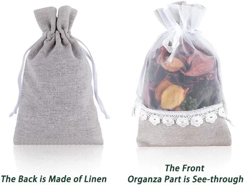 Miniatura 5 de SumDirect Bolsa de arpillera con cordón de rosa, 20 bolsas de regalo de organza de yute de encaje de 4 x 6 pulgadas, bolsas de regalo de lino