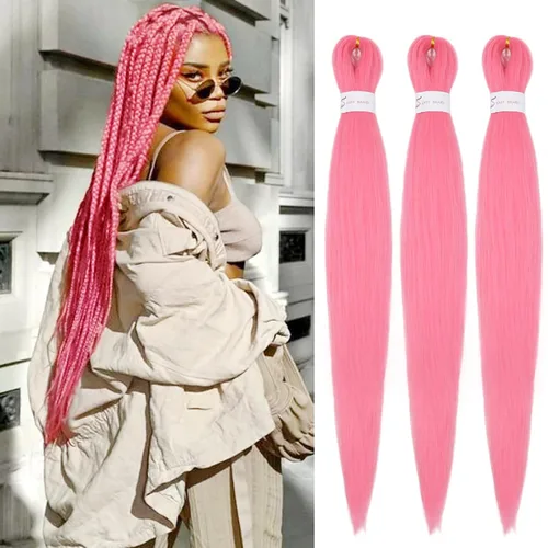 Miniatura 13 de IXIMII 3 paquetes de cabello trenzado rosa preestirado de 20 pulgadas, trenzas de ganchillo lacio, textura Yaki suave, ajuste de agua caliente