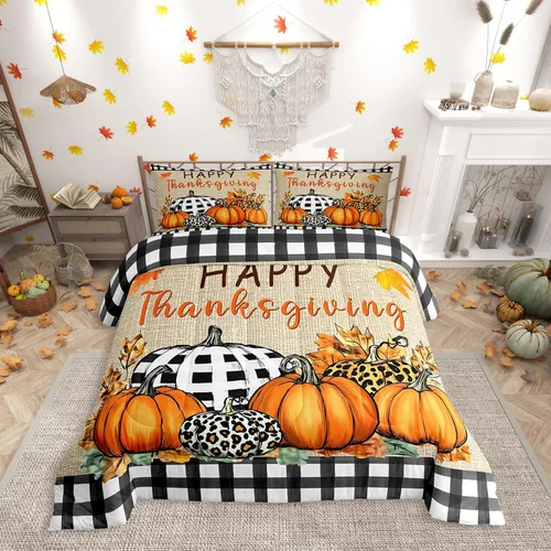 Miniatura 37 de Erosebridal Juego de edredón individual de pavo de Acción de Gracias, juego de ropa de cama de calabaza con hojas de otoño para niños y adultos