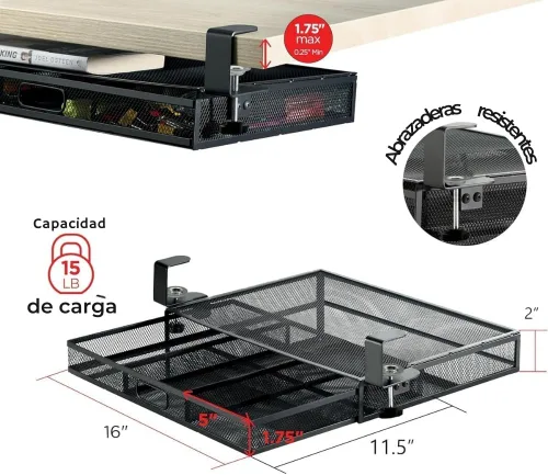 Miniatura 4 de Organizador de Cajones Debajo del Escritorio con Abrazadera, Accesorio de Malla Metálica, 1 Cajón Deslizante, Organizador para Escritorio o Debajo